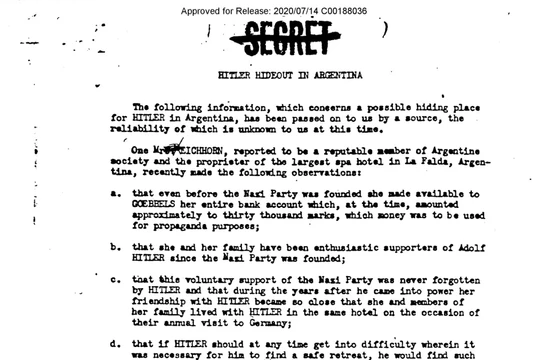 Một hồ sơ giải mật từ tháng 10/1945 cho thấy các điệp viên của Bộ Chiến tranh Mỹ đã nói với FBI về một nơi ẩn náu bí mật nghi của Hitler tại một khách sạn ở La Falda, Argentina. Ảnh: CIA.