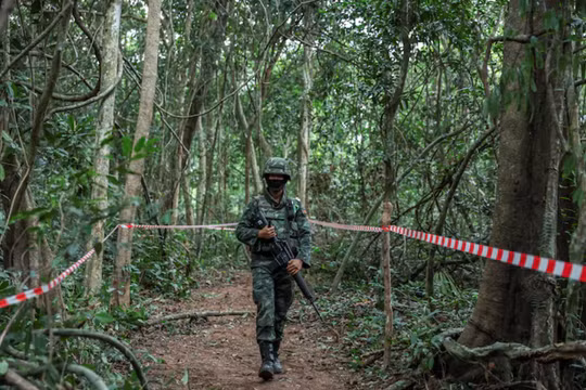 Quân nhân Thái Lan đi bộ gần biên giới Thái Lan-Campuchia tại khu vực Chong Chub Ta Mok, tỉnh Surin, Thái Lan, ngày 20/8. Ảnh: Reuters.