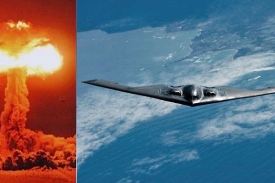 Hình ảnh một vụ nổ hạt nhân và máy bay ném bom B-2 của Mỹ. Ảnh: MW.