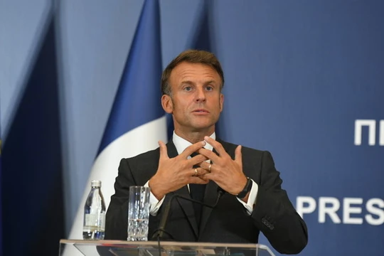 Tổng thống Pháp Emmanuel Macron tại cuộc họp báo ở Belgrade, Serbia ngày 29/8 (Ảnh: Anadolu)