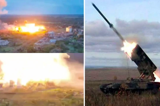 Đòn tấn công nhiệt áp của Nga nhằm vào lực lượng Ukraine và hình ảnh một vụ phóng của hệ thống TOS-1A. Ảnh: MW.