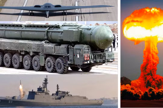 Máy bay ném bom B-2, tên lửa Yars, tàu khu trục Choi Hyon và hình ảnh một vụ nổ hạt nhân. Ảnh: MW.