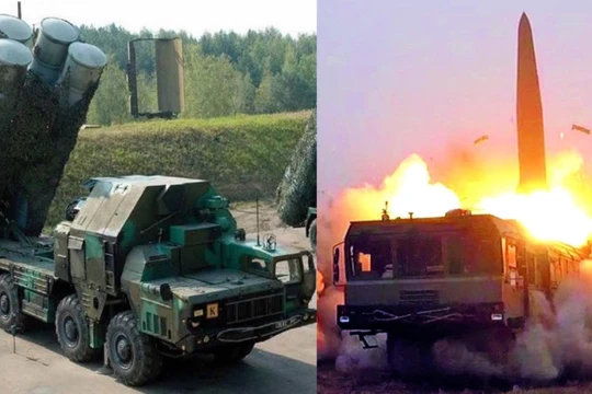 Hệ thống phòng không S-300P của Ukraine và một vụ phóng tên lửa Iskander-M của Nga. Ảnh: MW.
