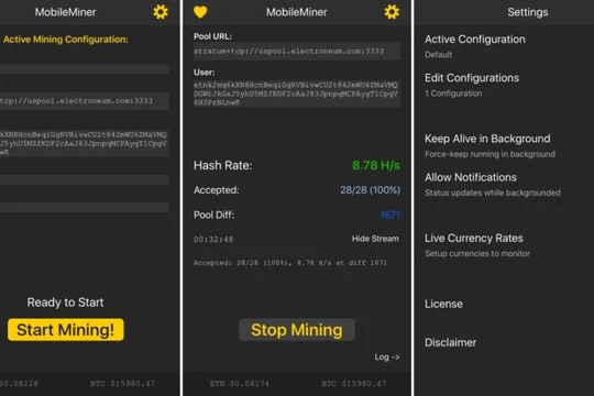 Giao diện ứng dụng đào tiền ảo trên iPhone