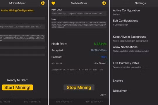 Giao diện ứng dụng đào tiền ảo trên iPhone