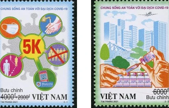 Bộ tem thứ hai về chủ đề COVID-19: “Chung sống an toàn với đại dịch COVID-19”. Ảnh: Anh Lê ghép.