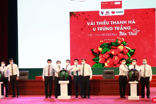 Đại diện các cơ quan, bộ ngành thực hiện bấm nút khởi động chương trình đưa vải thiều và nông sản Hải Dương lên các sàn thương mại điện tử