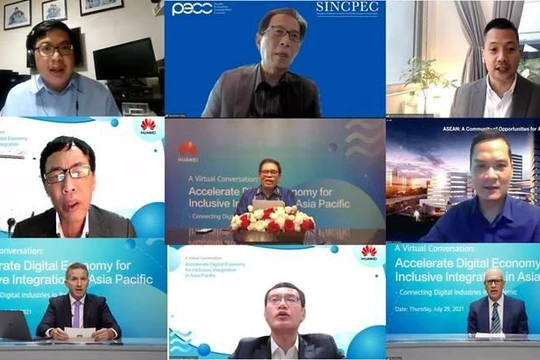 Các diễn giả tham gia hội thảo quốc tế trực tuyến chủ đề “Thúc đẩy nền kinh tế số để hội nhập toàn diện ở châu Á - Thái Bình Dương - Kết nối các ngành kỹ thuật số trong đại dịch”.