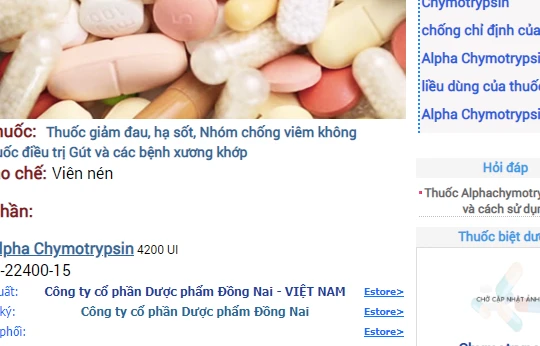 Thông tin về thuốc Alphachymtrysin của Công ty Cổ phần Dược phẩm Đồng Nai.