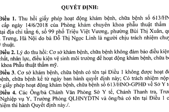 Nội dung quyết định thu hồi giấy phép hoạt động của Phòng khám Korea của Sở Y tế Hà Nội