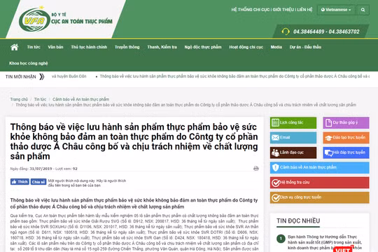 Thông báo thu hồi sản phẩm từ Cục An toàn thực phẩm, Bộ Y tế.