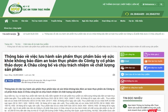 Thông báo thu hồi sản phẩm từ Cục An toàn thực phẩm, Bộ Y tế.