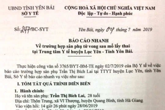 Báo cáo nhanh của Sở Y tế tỉnh Yên Bái về trường hợp sản phụ thiệt mạng sau khi mổ đẻ bằng phương pháp gây tê tủy sống.