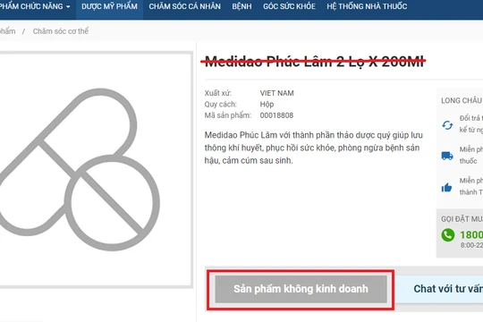 Một trang web đã ngừng kinh doanh và gỡ ảnh sản phẩm Medidao sau khi có thông báo thu hồi 