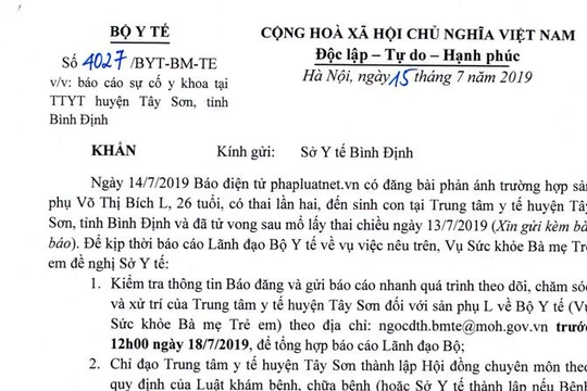 Công văn của Bộ Y tế về vụ việc của sản phụ L. tử vong sau khi mổ sinh