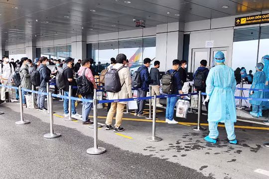 Các chuyên gia đến từ Hàn Quốc làm thủ tục nhập cảnh và kiểm tra y tế tại Cảng hàng không quốc tế Vân Đồn. Ảnh: UBND tỉnh Quảng Ninh.