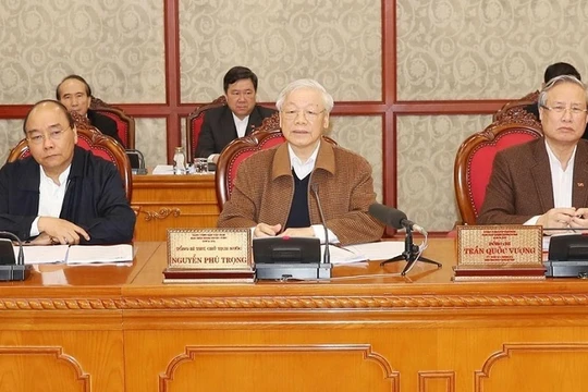 Tổng Bí thư, Chủ tịch nước Nguyễn Phú Trọng chủ trì phiên họp của Bộ Chính trị sáng 20/3 về công tác phòng, chống dịch COVID-19. Ảnh: TTXVN.