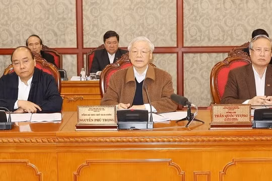 Tổng Bí thư, Chủ tịch nước Nguyễn Phú Trọng chủ trì phiên họp của Bộ Chính trị sáng 20/3 về công tác phòng, chống dịch COVID-19. Ảnh: TTXVN.