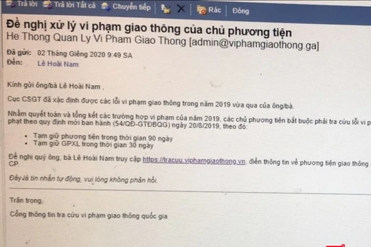 Nội dung thư điện tử của các đối tượng lừa đảo trên địa bàn Lạng Sơn. Ảnh: Cục CSGT - Bộ Công an.