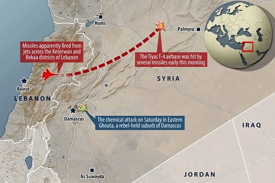 Sơ đồ vụ tấn công của chiến đấu cơ Israel vào căn cứ không quân Syria sáng 9/4