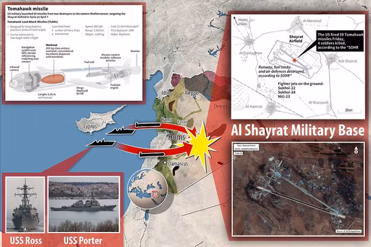 Lược đồ vụ Mỹ phát động đòn tấn công tên lửa Tomahawk nhằm vào căn cứ không quân Syria