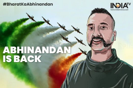 Áp phích của kênh truyền hình Ấn Độ chào đón Trung tá Abhinandan Varthaman được Pakistan trả về nước như một người hùng. 