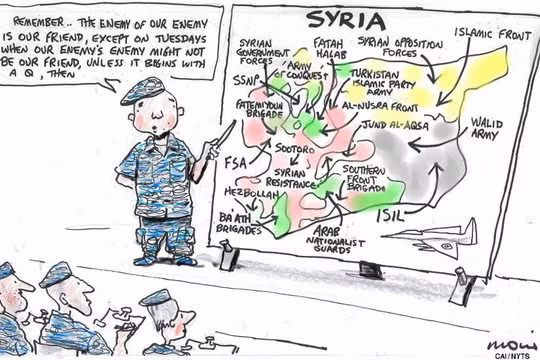 Tranh biếm họa về cách thức phương Tây thực hiện cuộc chiến chống ISIS.