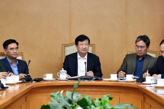 Phó Thủ tướng Trịnh Đình Dũng (ngồi giữa) phát biểu tại cuộc họp. (Ảnh: VGP/Nhật Bắc)