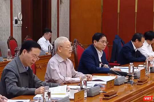 Tổng Bí thư Nguyễn Phú Trọng chủ trì cuộc họp của Bộ Chính trị và Ban Bí thư - ngày 7/4. Ảnh: Minh Lâm - TTXVN.