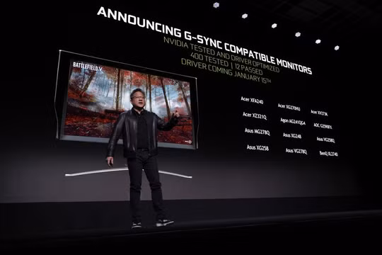 CEO NVIDIA Jensen Huang phát biểu tại Triển lãm Điện tử Tiêu dùng CES 2019. Ảnh: Vox.