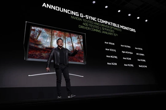 CEO NVIDIA Jensen Huang phát biểu tại Triển lãm Điện tử Tiêu dùng CES 2019. Ảnh: Vox.