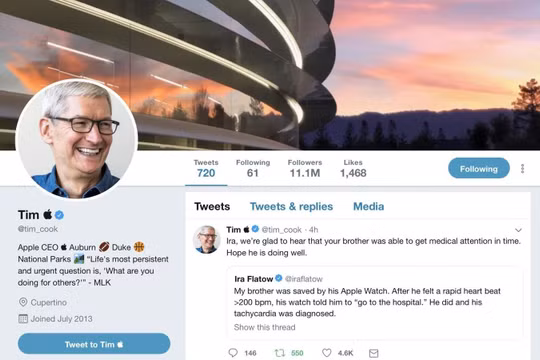 Ảnh chụp màn hình trang cá nhân của CEO Apple Tim Cook ngày 7-3