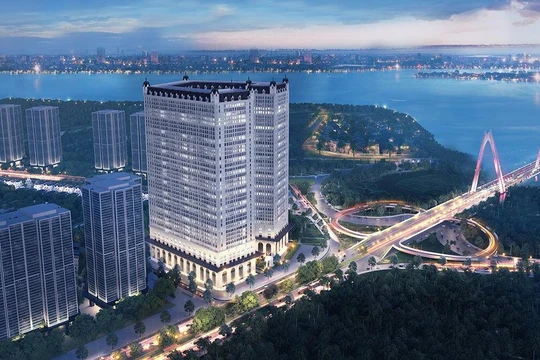 Toà officetel thuộc dự án The Lotus Center nằm ngay dưới chân cầu Nhật Tân, quận Tây Hồ, Hà Nội