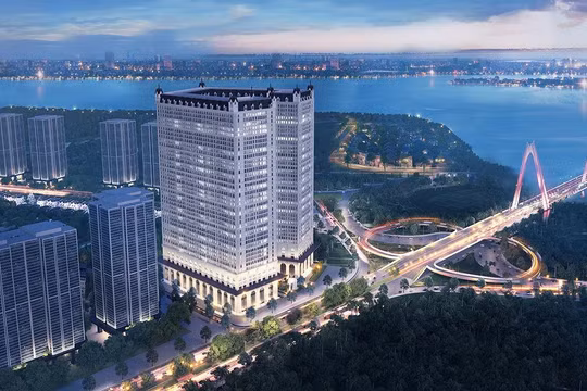 Toà officetel thuộc dự án The Lotus Center nằm ngay dưới chân cầu Nhật Tân, quận Tây Hồ, Hà Nội