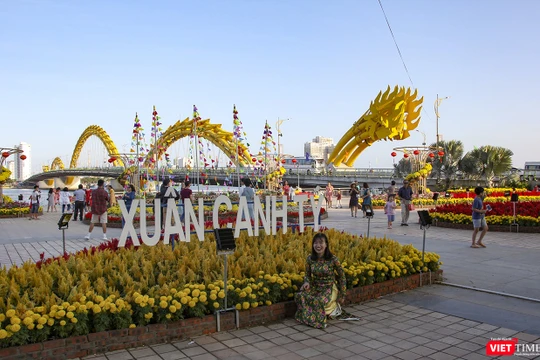 Vừa mới hoàn thành, đường hoa xuân Bạch Đằng ở Đà Nẵng đã chào đón rất đông người dân, du khách