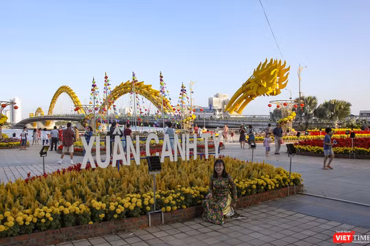 Vừa mới hoàn thành, đường hoa xuân Bạch Đằng ở Đà Nẵng đã chào đón rất đông người dân, du khách