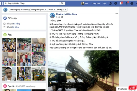 UBND phường Nại Hiên Đông (TP Đà Nẵng) sử dụng facebook để đăng thông tin về việc bố trí 5 điểm tập kết cát, cấp miễn phí cho dân chằng chống bão số 5.