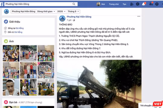 UBND phường Nại Hiên Đông (TP Đà Nẵng) sử dụng facebook để đăng thông tin về việc bố trí 5 điểm tập kết cát, cấp miễn phí cho dân chằng chống bão số 5.