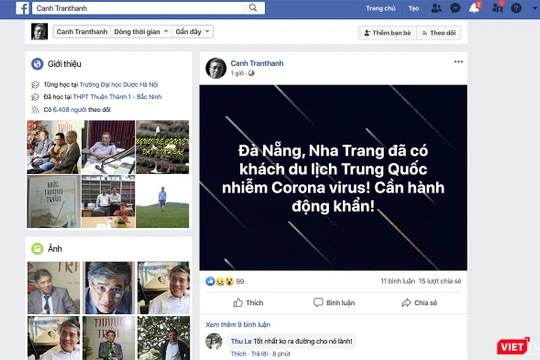 Thông tin trên trang facebook cá nhân về xuất hiện du khách Trung Quốc đến Đà Nẵng bị nhiễm virus Corona gây bệnh viêm phổi cấp (ảnh chụp màn hình)