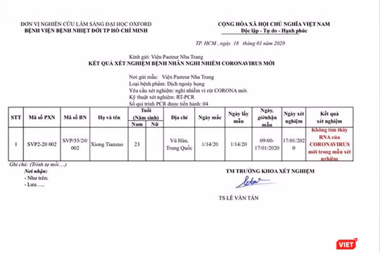 Phiếu xét nghiệm mẫu bệnh phẩm của du khách Xiong Tianzuo đối với chủng virus nCoV gây bệnh viêm phổi cấp tính ở TP Vũ Hán.