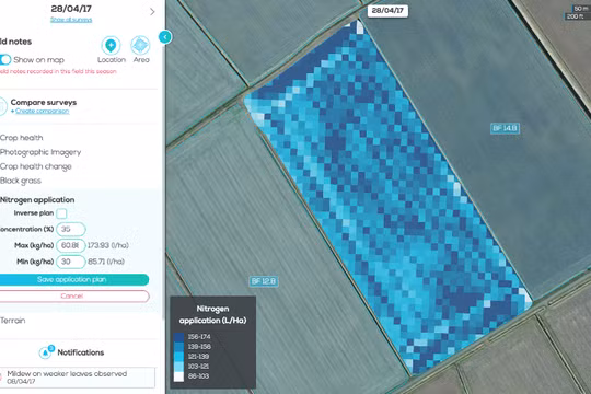Một ví dụ về một hình ảnh shapefile được tạo ra bởi Hummingbird, cho thấy một mạng lưới các ô vuông kích thước 10x10 mét với nồng độ nitơ trên cây trồng. 