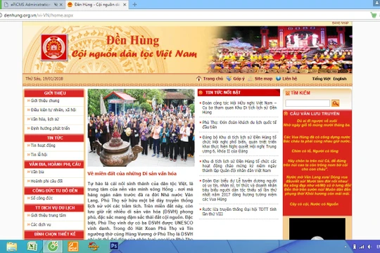 Trang web của khu di tích Đền Hùng hoàn toàn không có thông tin bằng tiếng Anh. Ảnh chụp màn hình