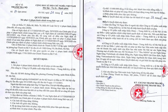 Quyết định xử phạt hành chính của Thanh tra Bộ Y tế đối với Công ty CP XNK Dược-Trang thiết bị y tế Hà Nội 
