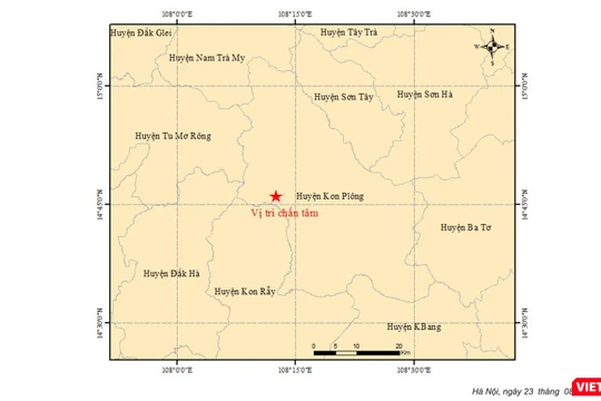 Vị trí xảy ra trận động đất đầu tiên trong chiều ngày 23/8, tại khu vực huyện Kon Plông (tỉnh Kon Tum).