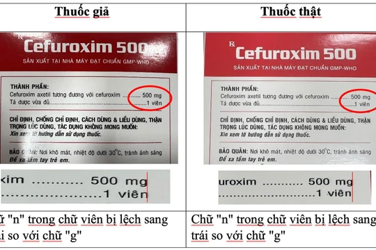 Đặc điểm phân biệt thuốc Cefuroxim 500 giả và thật (ảnh Cục Quản lý Dược cung cấp)