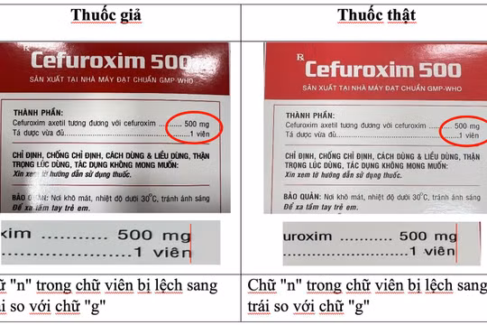 Đặc điểm phân biệt thuốc Cefuroxim 500 giả và thật (ảnh Cục Quản lý Dược cung cấp)