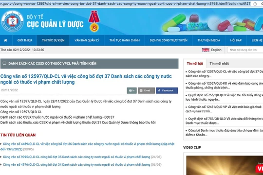 Cục Quản lý Dược công bố 108 sản phẩm thuốc thuộc 96 công ty sản xuất đến từ 16 quốc gia vi phạm chất lượng sản phẩm, buộc phải kiểm tra 100% lô thuốc nhập khẩu.