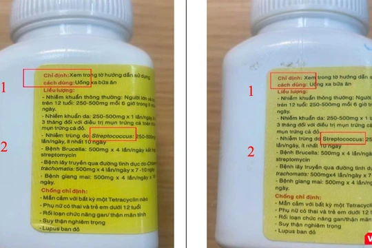 Thuốc Tetracyclin thật (hình bên trái) và giả. (Ảnh Cục quản lý Dược)