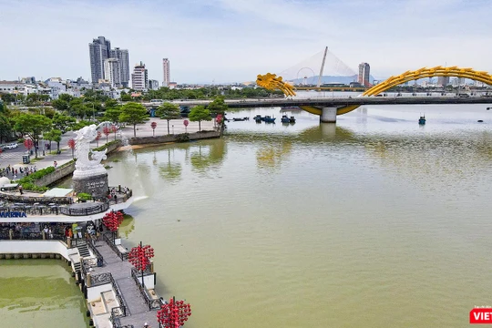 Một góc điểm checkin cầu Rồng và cá chép phun nước ở TP Đà Nẵng