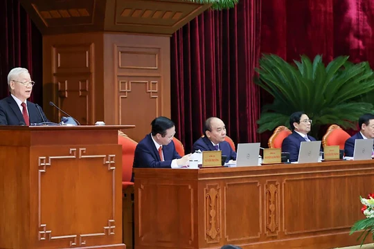 Tổng Bí thư Nguyễn Phú Trọng phát biểu khai mạc Hội nghị trung ương 6 (khóa XIII) (Ảnh: VGP/Nhật Bắc)